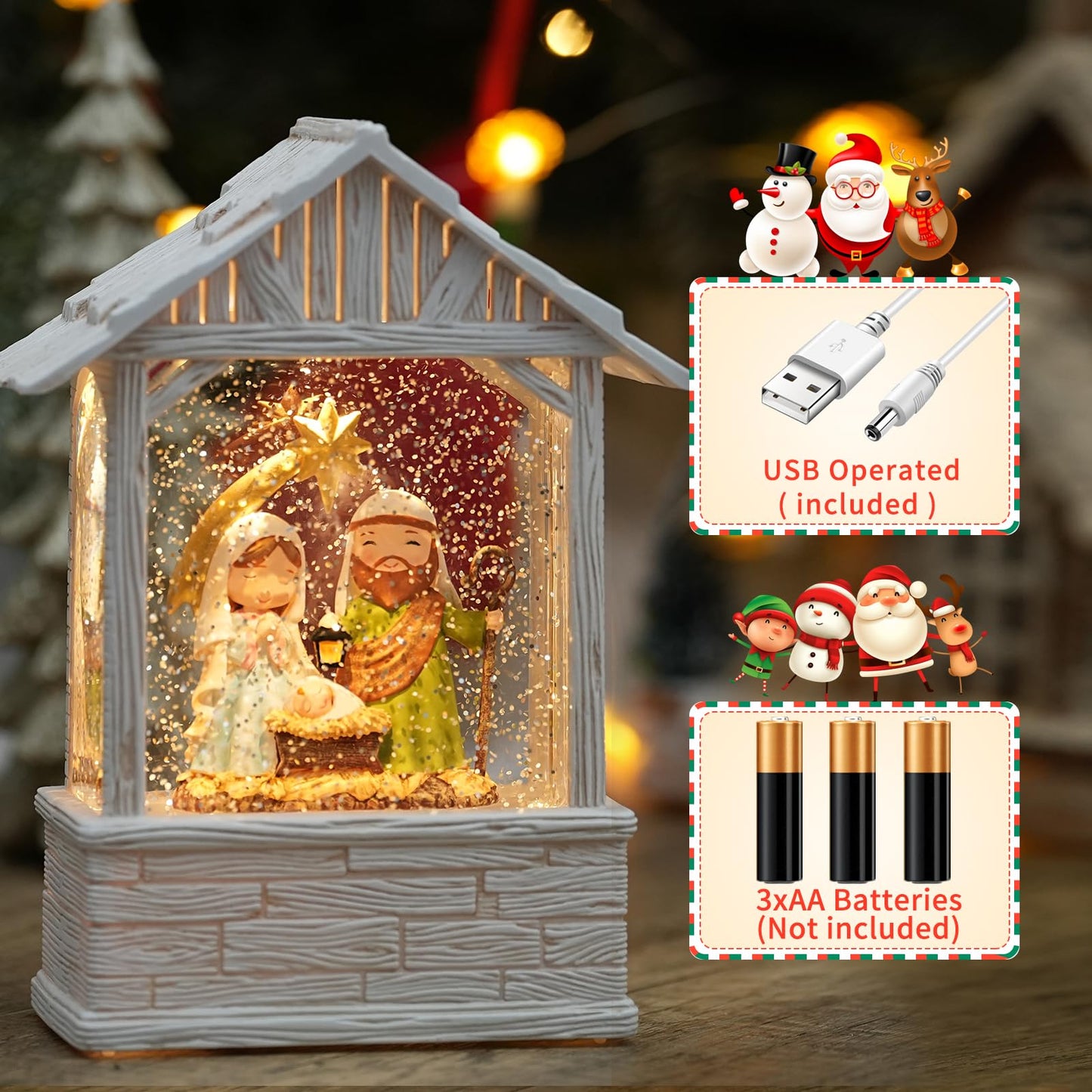 Nativity Christmas Snow Globes, Light up Snow Globe Christmas with Music, Nativity Scene Snow Globe Lantern Indoor Home Decor, 8" Christmas Glitter Snow Globes with Timer, USB Cord & Battery Operated