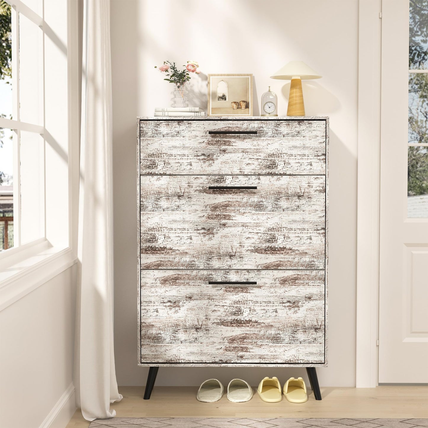 IdeaKey Narrow Shoe Storage Cabinet for Entryway with 2 Flip Drawers, 3 Tier Farmhouse Freestanding Shoe Cabinet Slim Wood Shoe Organizer Closed Shoe Rack for Hallway, Foyer, Rustic White