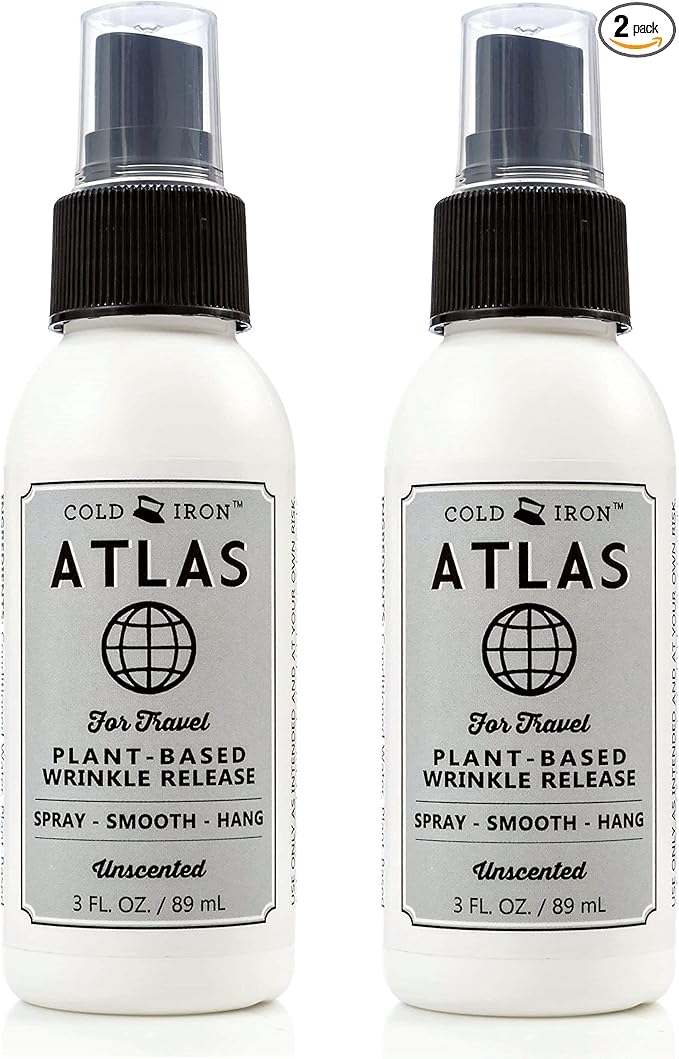 Cold Iron Wrinkle Release Spray for Clothes. Atlas Travel Size 3 fl oz/89 ml. Fragrance Free. Fast, Easy to Use Ironing Alternative. Spray, Smooth, Hang. Award Winning for People on The Go
