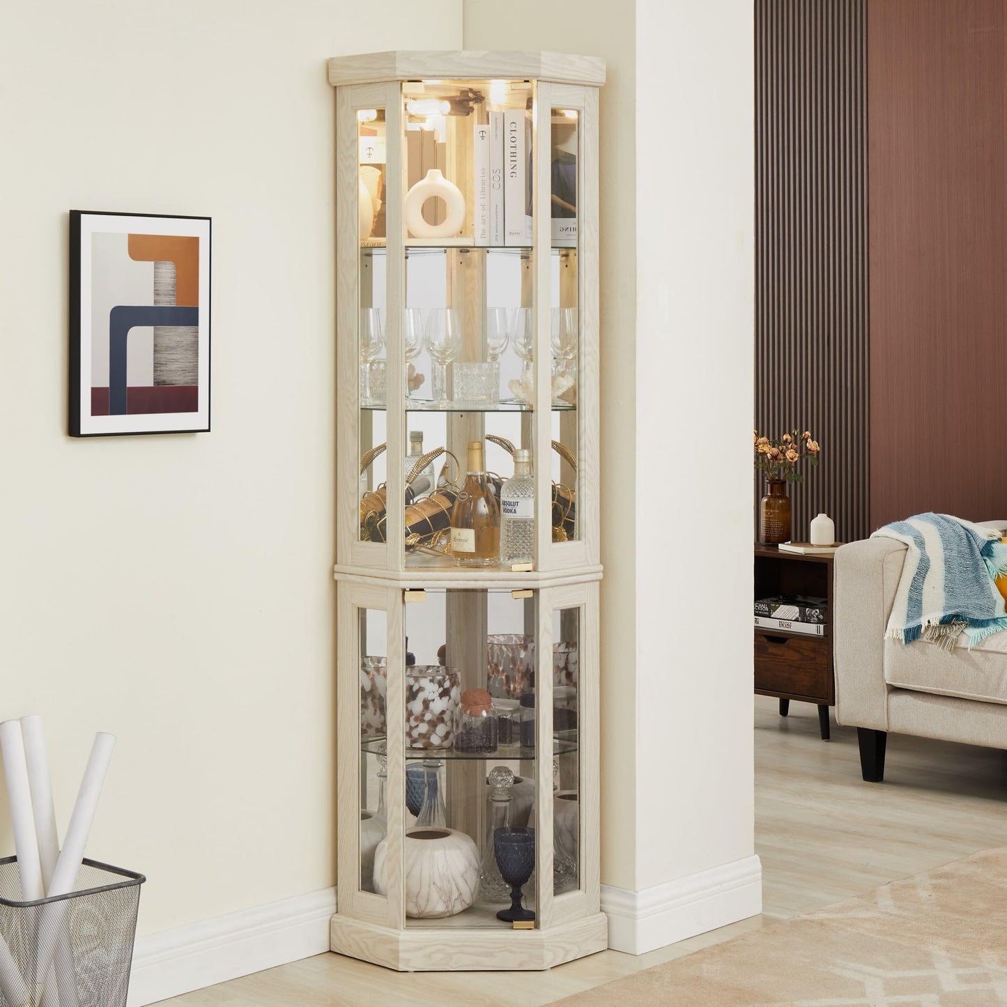 Makaseiya 70" Lighted Corner Curio Cabinet,Wooden Corner Glass Display Case with Tempered Glass Door for Living Room, Antique Collectibles, Wine & Bar Glass Storage, Lights Included