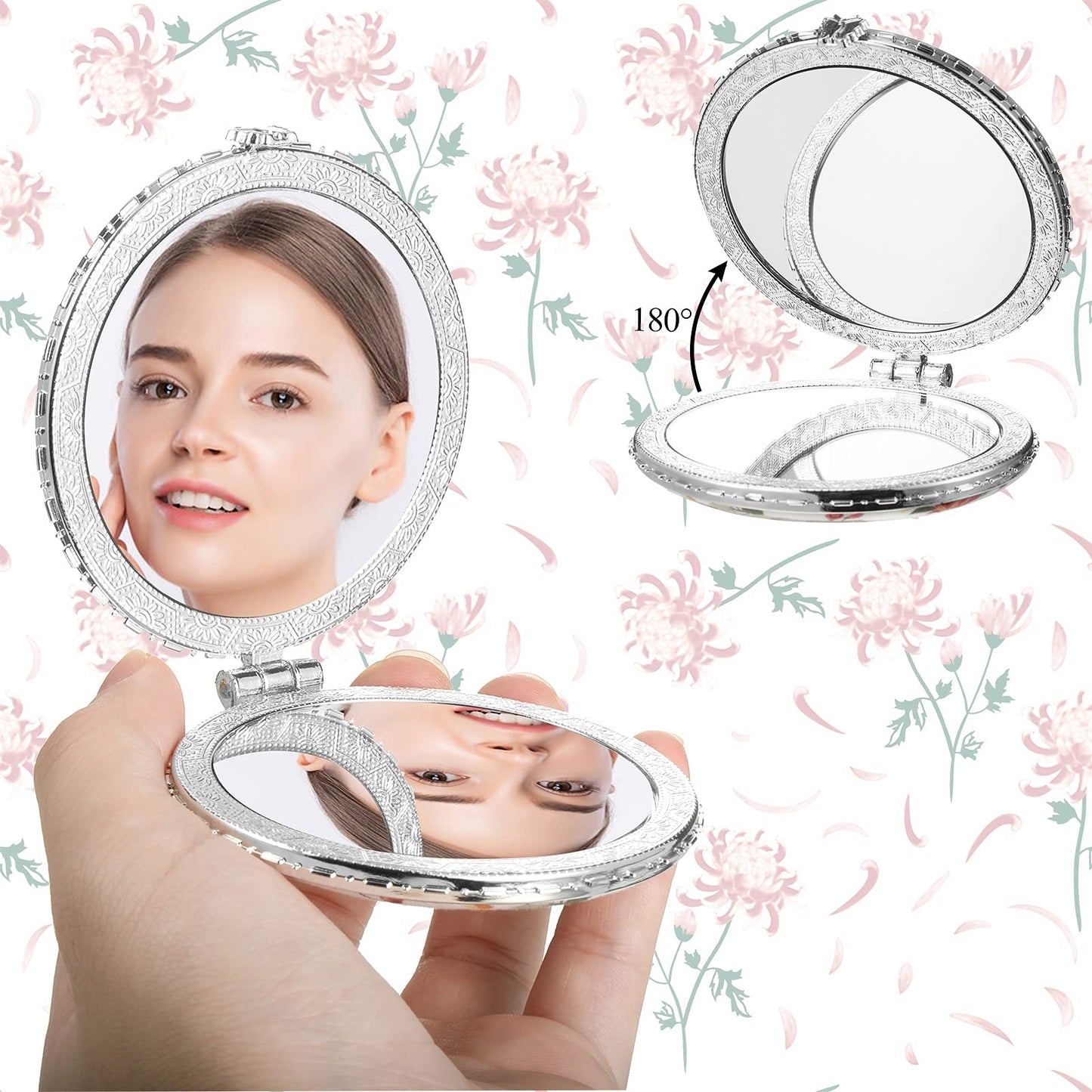 Blulu 8 Pieces Compact Mirror for Purse Flower Small Compact Mirror Gift Makeup Floral Pocket Retro Folding Portable Travel Acce