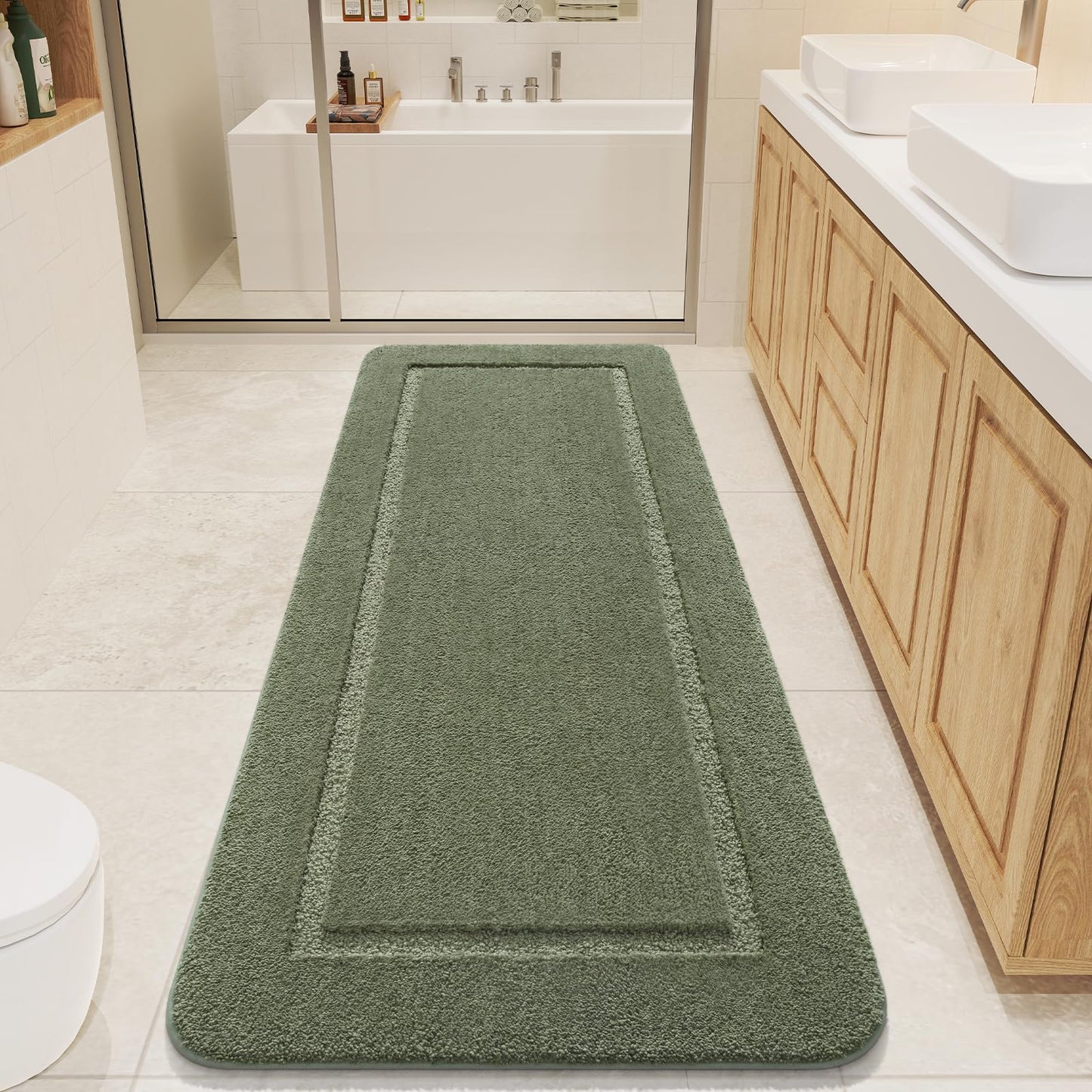LOCHAS Bathroom Runner Rug, 24" x 60" Long Bath Rug, Non Slip Washable Large Bathroom Rugs Soft Thick Absorbent Bath Mat for Shower, Shaggy Plush Luxury Carpet, Sage Green