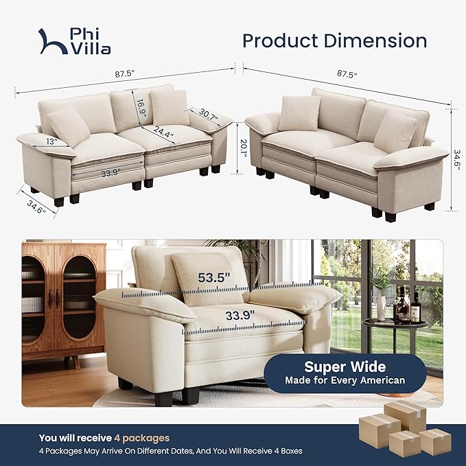 PHI VILLA Cloud Modular Couches Sets, 2 Pieces Sectional Loveseat Sofa Set, 4-Seater Comfy Couch for Living Room Apartment, Chenille Fabric, Beige