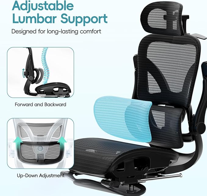 Alllion Ergonomic Mesh Office Chair, Home Desk Chair Comfy High Back with Adjustable Lumbar Support, 3D Headrest, Flip-up Arms, Big and Tall Reclining Computer Gaming Chairs for Men Women, Black