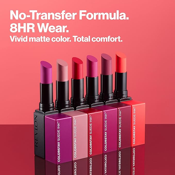 REVLON Lipstick, ColorStay Suede Ink, Built-in Primer, Infused with Vitamin E, Waterproof, Smudge-proof, Matte Color, 007 Feed the Flame, 0.09 oz. (Pack of 2)