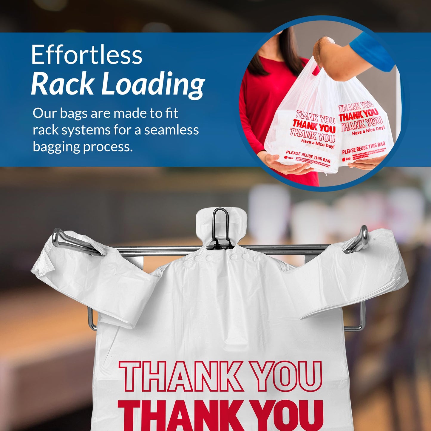Reli. Thank You Plastic Bags | 150 Pack | (11.5" x 6.5" x 21"), White | Plastic Bags with Handles | Ideal for Grocery, Shopping, Food Take Out, Restaurants, Small Business