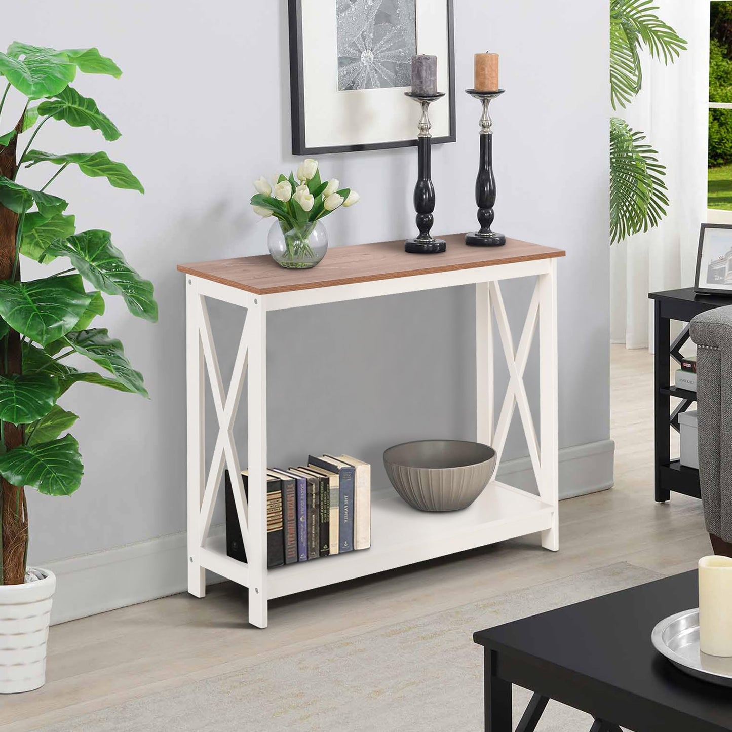 GREEN PARTY 40'' Console Table with Storage Shelf, 2 Tier Farmhouse Sofa Table X-Shaped Design Couch Table Narrow Console Table for Entryway, Hallway, Living Room, Ivory