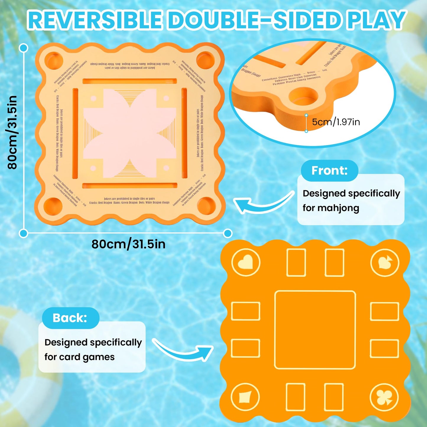 Kexaiq Floating Mahjong Table for Pool, Double Sided Floating Game Table with Cup Holders, for Mahjong Poker Card Games, Floating Mahjong Board for Hot Tub Lake Beach, Adults Summer Party (Orange)