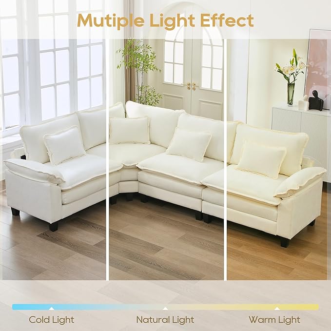 URRED Cloud Couch Modular Sectional Sofa, 116" Modern L Shaped Deep Seat Sofa with Pillows, Ultra Comfy Chenille Corner Couches for Living Room, Bedroom or Apartment, White