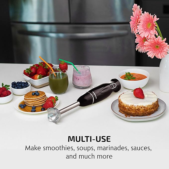 OVENTE Immersion Hand Blender, 300W Corded Electric Handheld Stick Mixer with 2 Mixing Speeds and Stainless Steel Blades for Smoothies, Purees & Baby Food, Black HS560B