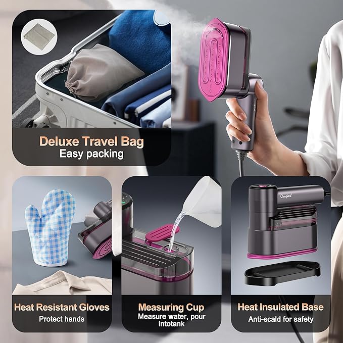 Travel Steamer - Portable Steamer for Clothes, 8FT Power Cord, Handheld Small Size Steam Iron Collapsible Design, Travel College Dorm Home Essentials (Purple)