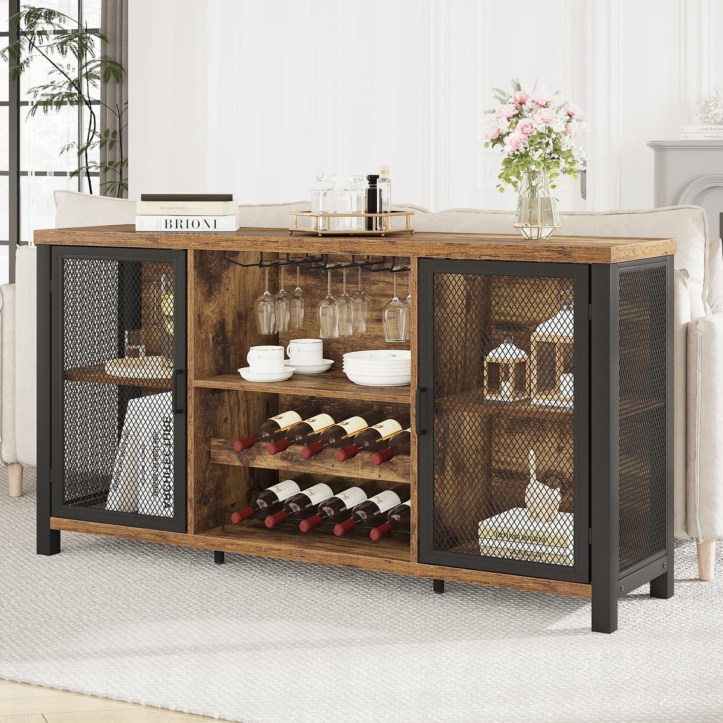 Launica Industrial Coffee Bar Cabinet, Wine Bar Cabinet for Liquor and Glasses, Liquor Cabinet with wine Rack Storage, Wood Metal Sideboard Buffet Cabinet for Home Kitchen Dining, Rustic Brown 55 Inch
