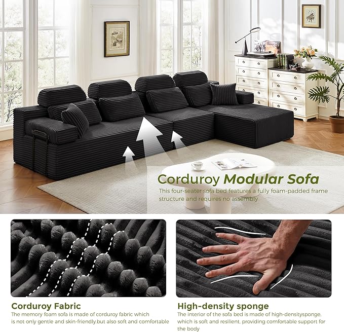 136" L-Shaped Cloud Modular Sectional Sofa with Chaise & Headrest, Boneless Deep Seat Plush Corduroy Couches for Large Living Room, No Assembly Required (Black, 136" L-shapred Chaise)