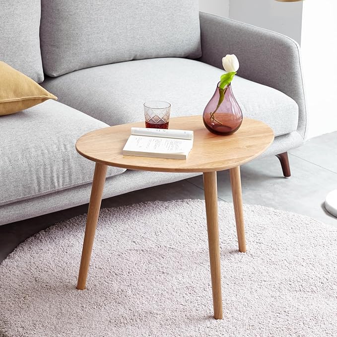 Vadisun Small Oval Coffee Table, 19.7" Mid Century Modern End Table for Living Room, 100% Solid Oak Wood Center Table, Side Table (Original Wood Color, 19.68" Wx13.38 Dx17.71 H)