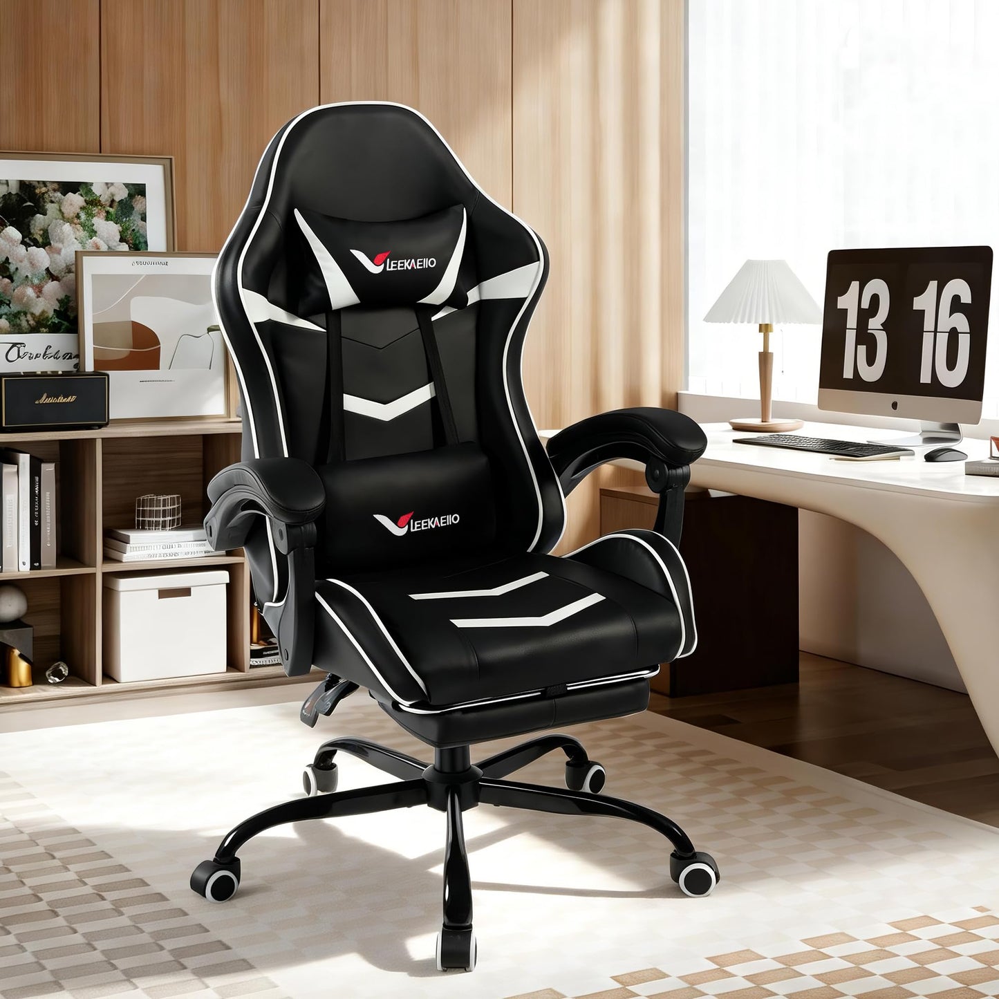 Gaming Chair for Adults, Ergonomic Gamer Chair with Footrest, Spring Pocket Cushion, Computer Office Desk Gaming Chair with Enlarged Metal Base, Linkage Armrests, Lumbar & Headrest (Black & White)