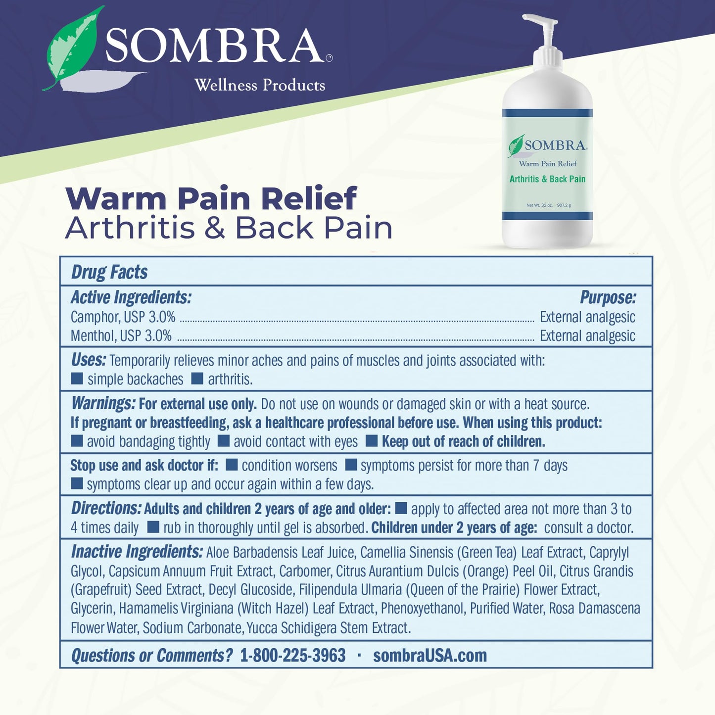 Sombra Warm Pain Relief Gel, Warm Relief for Arthritis and Chronic Pain Pre-Workout Muscle Rub Vegan Formula Free of Artificial Fragrances, Dyes, NSAIDs, Wax, Petroleum, Alcohol, 32oz Pump