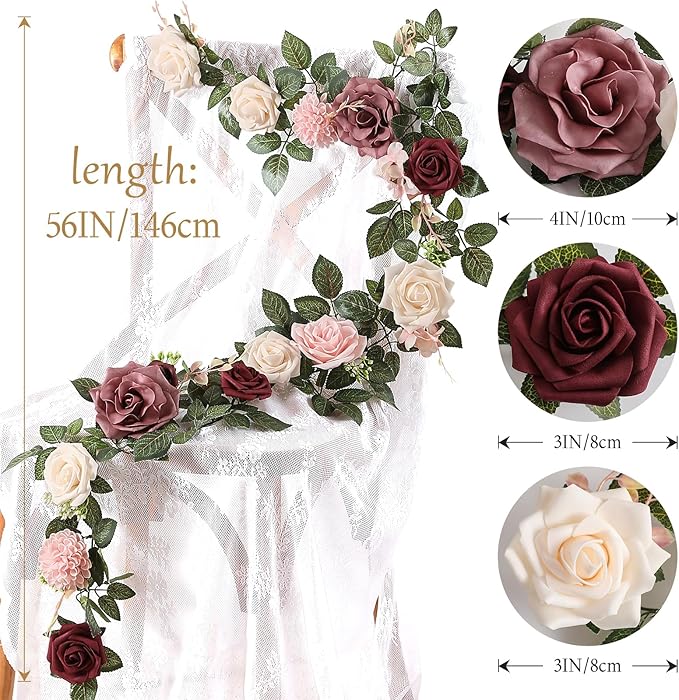 5FT Artificial Rose Flower Burgundy Fake Floral Garland for Wedding Ceremony Backdrop Arch Flowers Table Centerpieces Decorations