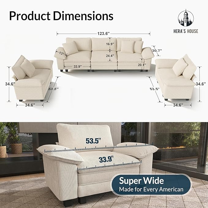 HERA'S HOUSE 3 Pieces Modular Sectional Sofa Sets, Oversized Couch Set with Loveseat and Armchairs, Comfy Cloud Couches with Throw Pillows, 5-Seater Deep Seat Sofa for Living Room, Corduroy Beige