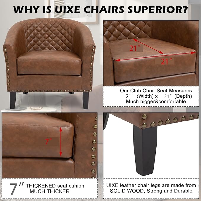 UIXE Faux Leather Barrel Accent Chairs Set of 6, Modern Club Upholstered Arm Chair, Comfy Armchair Nailed Trim Living Room Single Sofa Reading Seat Bedroom Side Sitting for Office, Brown
