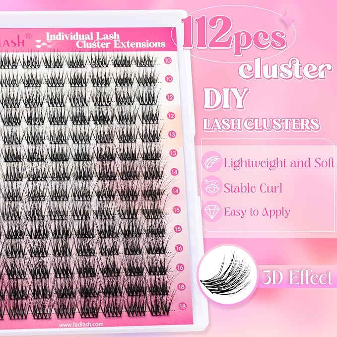 FADLASH Cluster Lashes Fluffy 10-18mm Lash Clusters Volume Lash Extension 112Pcs 3D DIY Lash Clusters D Curl Individual Lashes (R03-0.07-D,10-18mm)