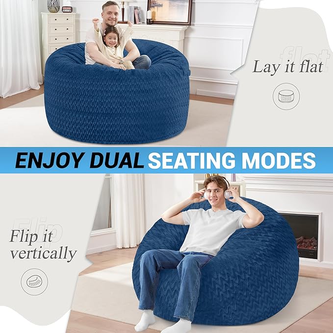 4FT Bean Bag Chair,Giant Bean Bag Chairs for Adults,Big Bean Bags with Memory Foam Filled, Large Beanbag Chairs with Chevron Plush Cover-Blue