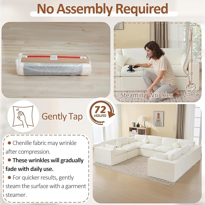 155''Cloud Boneless Sectional Couch, Modular Sectional Sofa Deep Seat, Oversized Upholstered Convertible Comfy 8 Seater Chenille Memory Foam Sofa U Shape Couches for Living Room, Beige