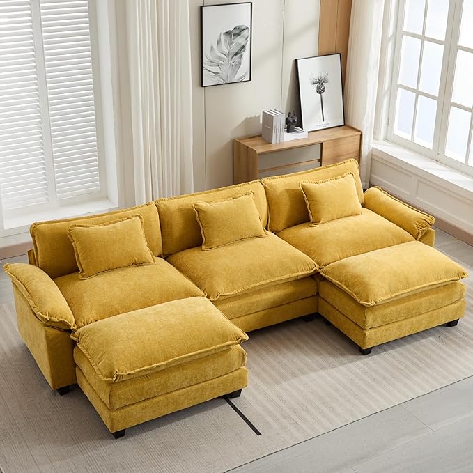 Oprisen 120" Modular Sectional Sofa, Comfy Cloud Couch Sectional Sofa with Ottoman, Chenille Sofa Sleeper Deep Seat Sofa with Throw Pillows for Living Room (Yellow, 120"- U Shape)