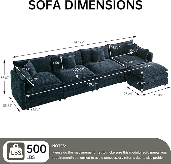 saows Modular Sectional Sofa, 147.2 Inch L Shaped Couch Set with Armrests, 4-Seater Comfy Cloud Couches with Movable Ottoman for Living Room Apartment, Blue