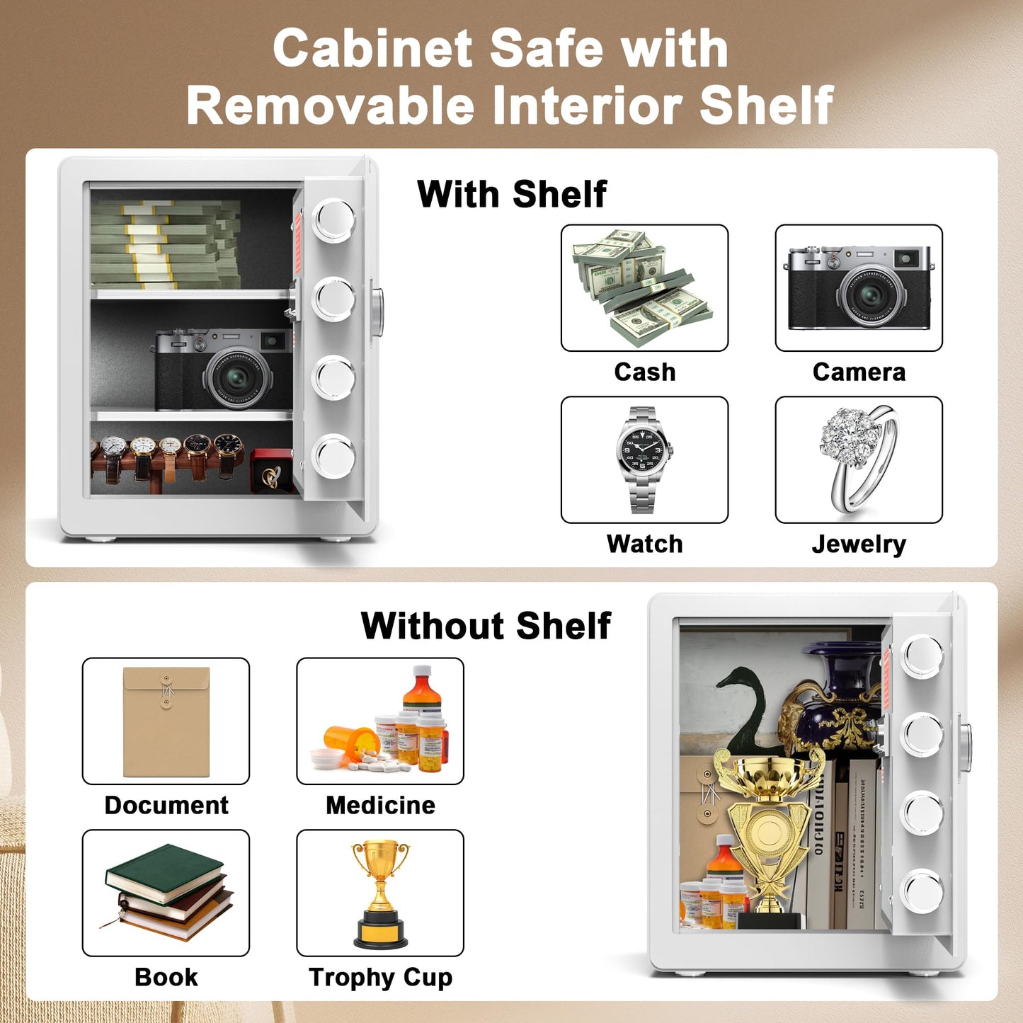 Safe Box, Home Safe with Fireproof & Waterproof Bag for Money Cash Documents Personal Safes Box Small Safes for Home Office Dorm with Digital Electronic Keypad & Removable Shelf (2.0 Cubic Feet White)