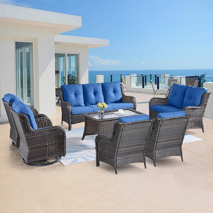 Belord Outdoor Wicker Furniture Patio Set - 7 Piece Backyard Furniture Brown Rattan Conversation Sets with Swivel Rocker Chairs, Rattan Sofa, Club Chairs and Coffee Table, Blue Cushion