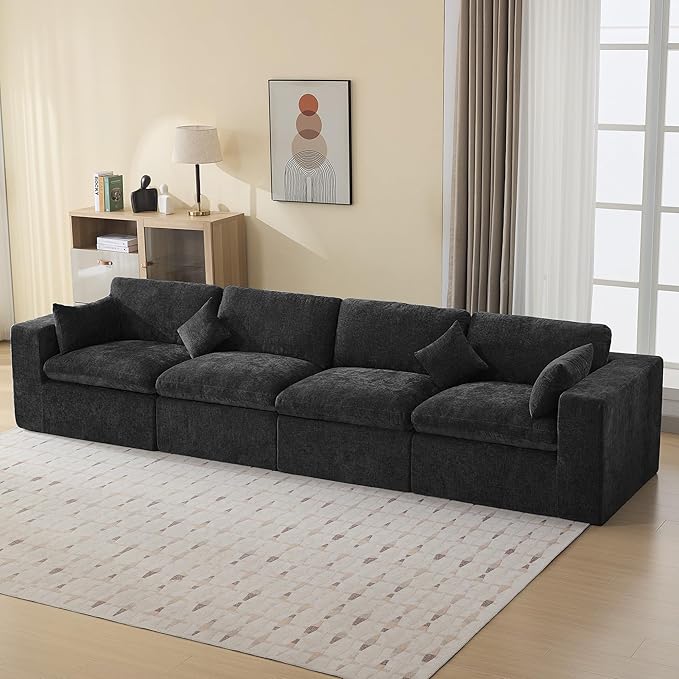 155''Cloud Boneless Sectional Couch, Modular Sectional Sofa Deep Seat, Oversized Upholstered Convertible Comfy 4 Seater Chenille Memory Foam Sofa Couches for Living Room, Dark