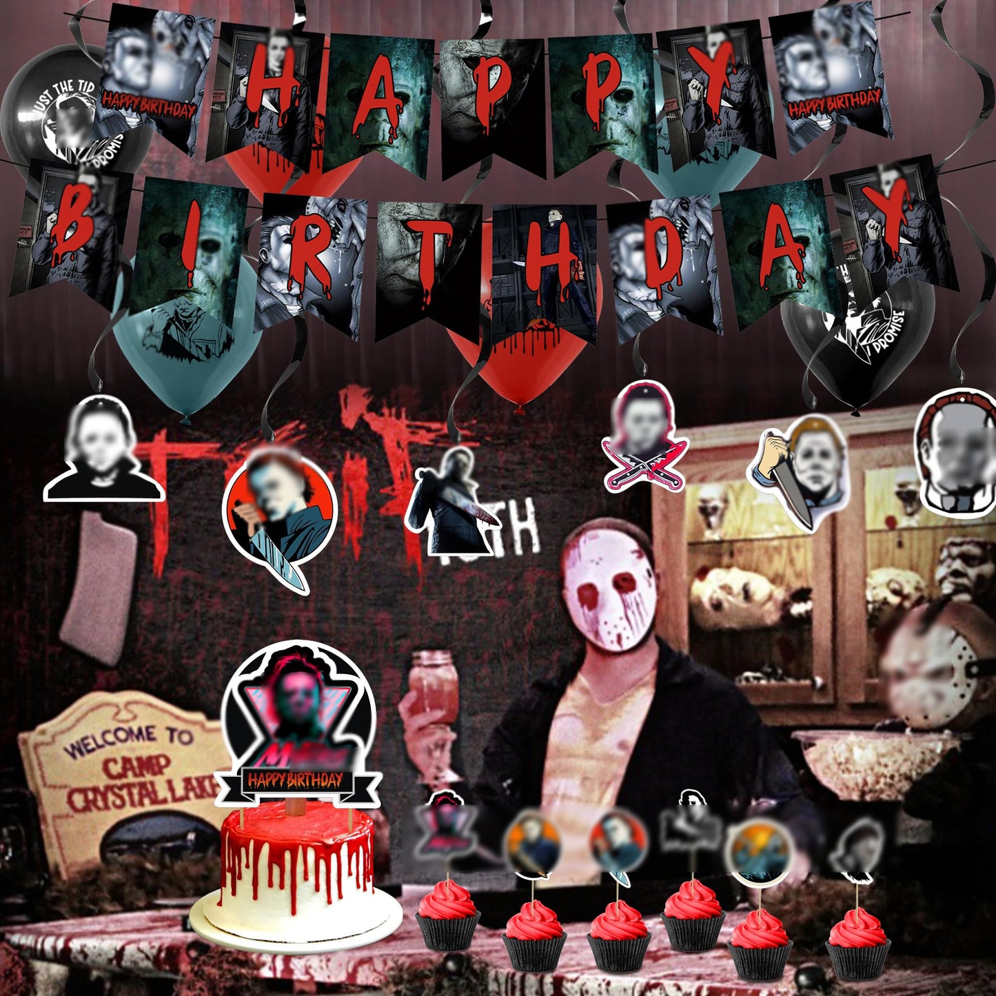 Have A Killer Party Decoration, Classic Killer Birthday Banner Hanging Swirls Centerpieces Thriller Killer Role Party Latex Balloons for Scary Horror Movie Birthday Halloween Party