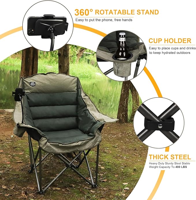 LANMOUNTAIN Oversized XL Folding Camping Chair,Heavy Duty Support 400Lbs,Large Comfy Padded Camp Chair for Adults,Lawn Arm Chair w/Cup Holder,Phone Holder,Carry Bag Perfect for Outdoor (Brown