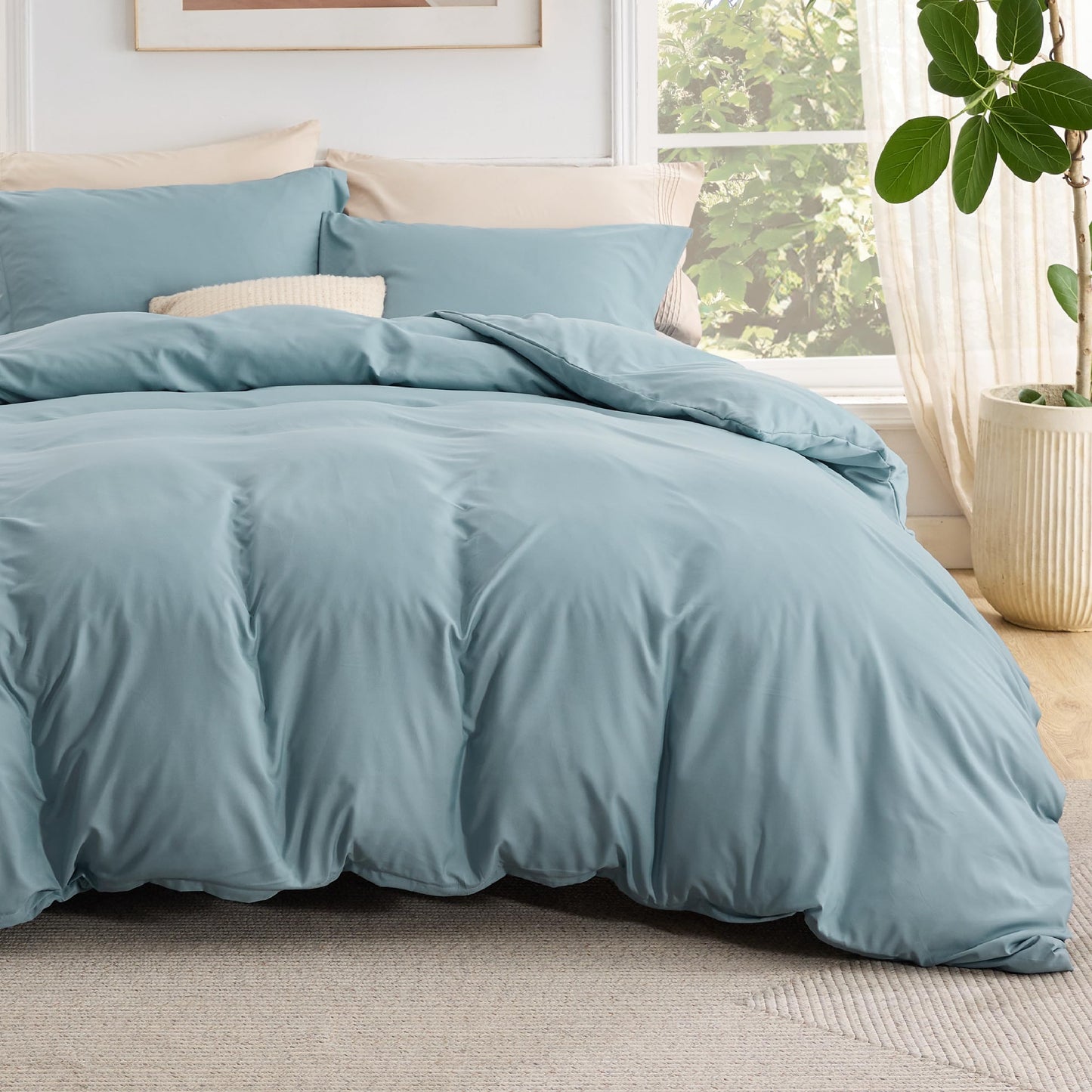 Bedsure Duvet Cover with Fitted Sheet Queen - 4 Pieces, Soft Double Brushed Bedding Set with Zipper Closure, Includes 1 Duvet Cover 90"x90", 1 Fitted Sheet, 2 Pillow Shams, NO Comforter, Mineral Blue