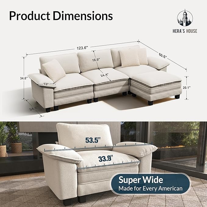 HERA'S HOUSE 124" Modular Sectional Sofa, Oversized L Shaped Couches for Living Room, Comfy Cloud Couch with Ottoman, 4-Seater Deep Seat Sofa with Throw Pillow, Chenille Beige