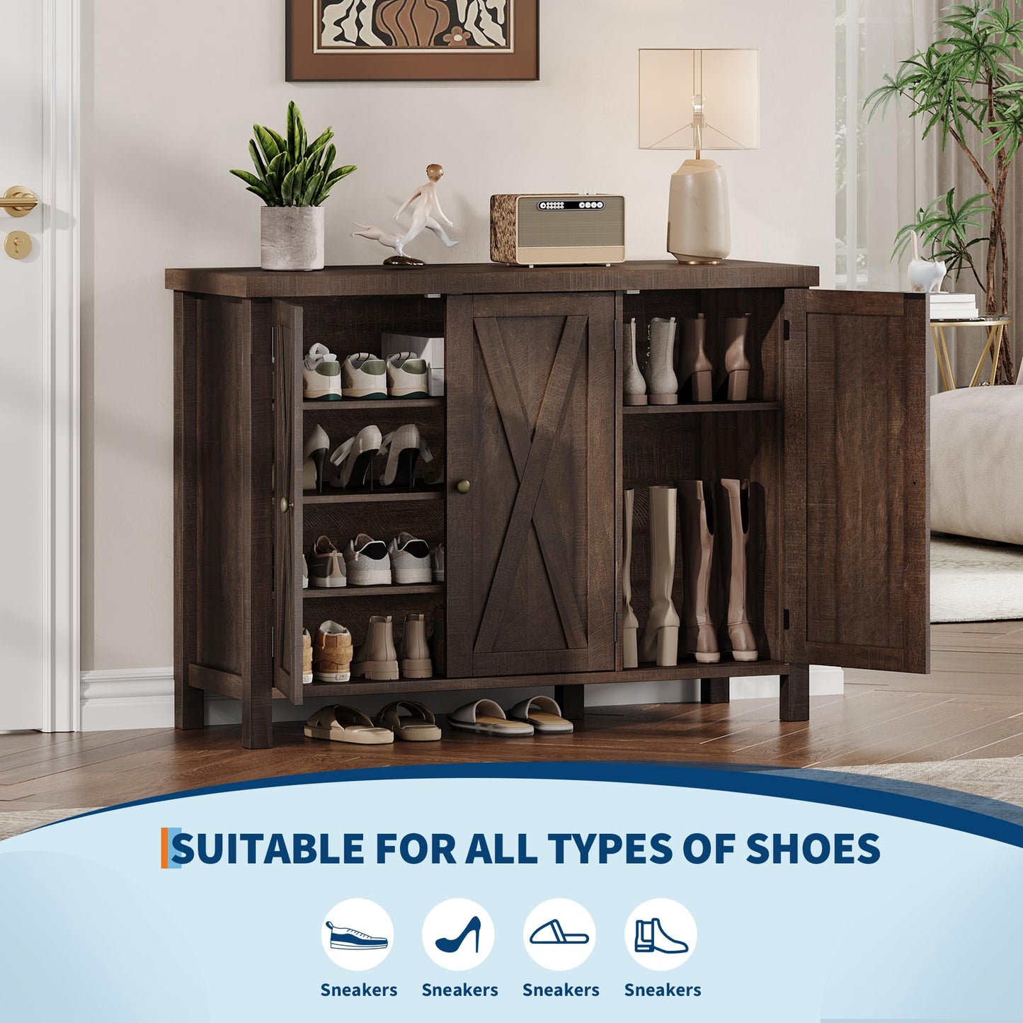 GarveeHome Shoe Cabinet with Doors, Farmhouse 35'' Shoe Storage Cabinet, 4-Tier Entryway Shoe Storage, Large Shoe Organizer Cabinet for Living Room Hallway, Dark Cherry