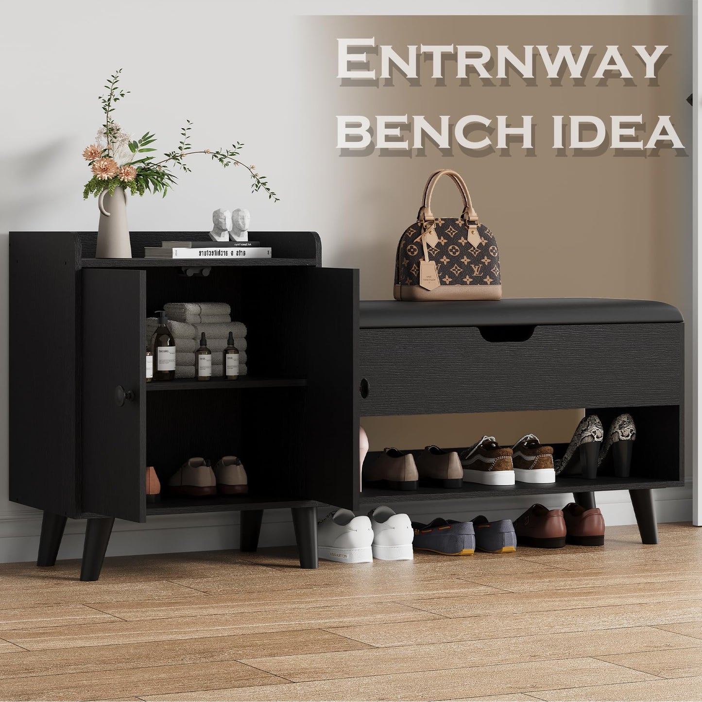 ZOPEND 50" Entryway Shoe Bench with Hidden Storage,Shoe Organizer Storage Bench with Shelf and Cabinet Entryway Bench for Bedroom Living Room and Hallway
