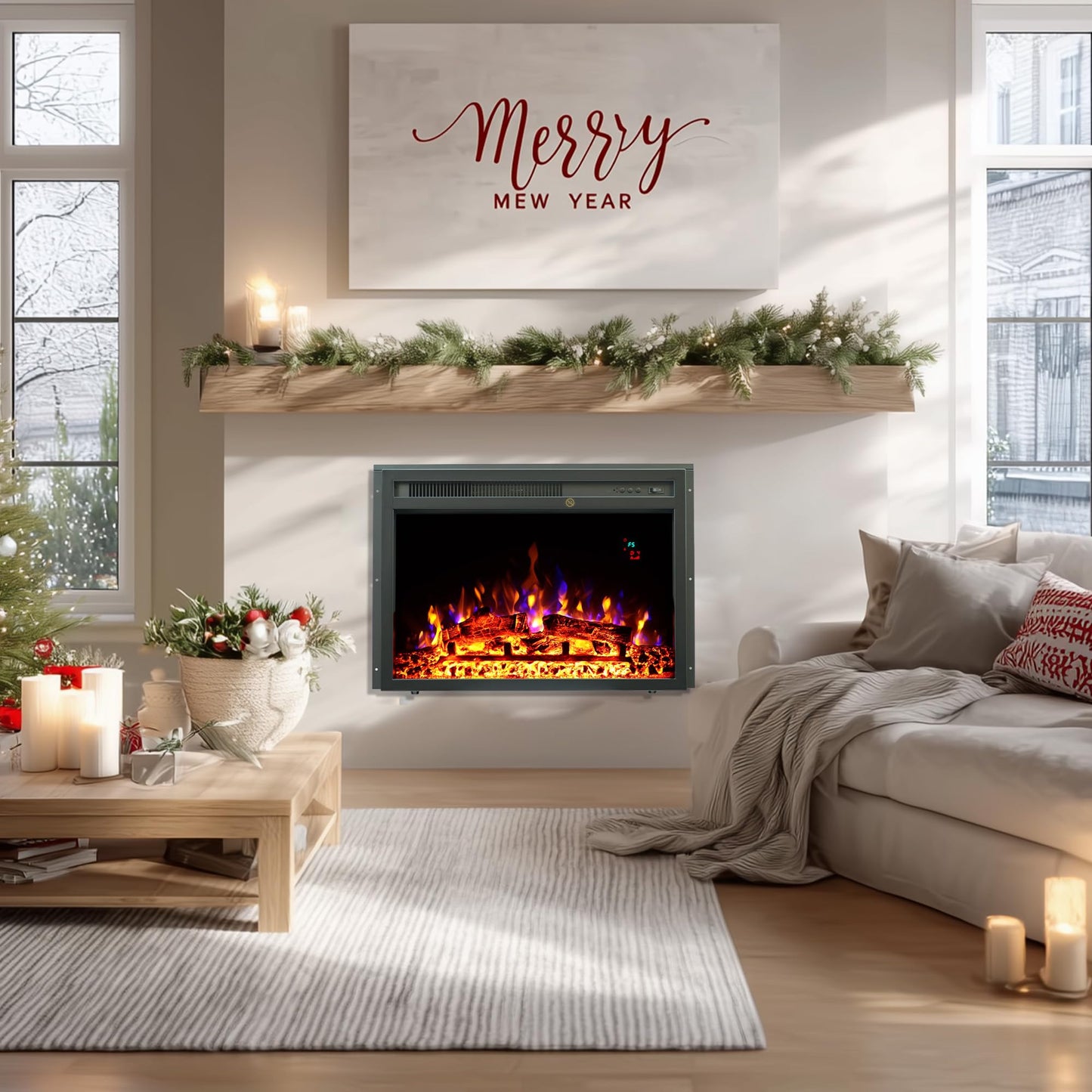 23" Electric Fireplaces Inserts, Recessed Fireplace Heater with Thermostat, 5 Flame&Fuel Bed Brightness,Timer