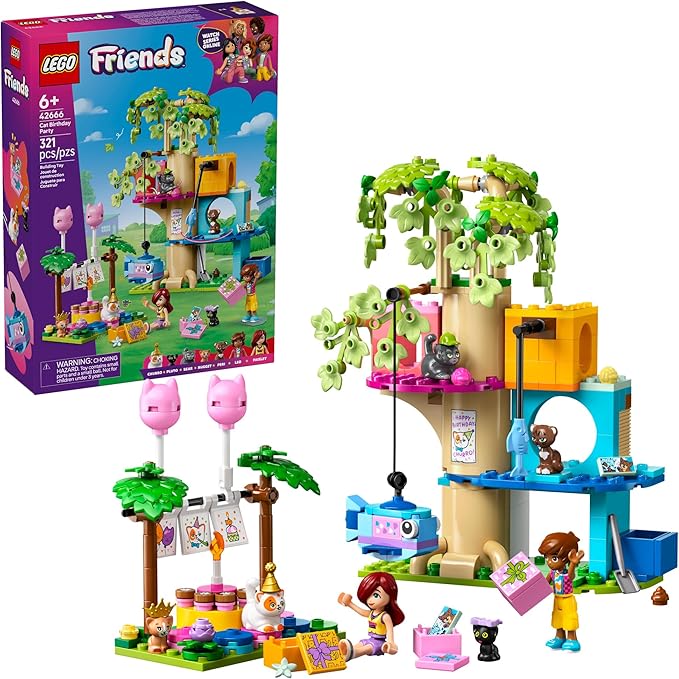 LEGO Friends Cat Birthday Party & Tree House Building Toy - Pretend Play Building Blocks W/Cat Toys & 2 Minidolls - Creati...