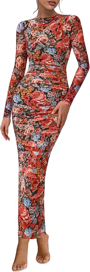 PRETTYGARDEN Womens Long Sleeve Maxi Dresses 2026 Spring Ruched Bodycon Floral Mesh Formal Wedding Guest Cocktail Party Dress