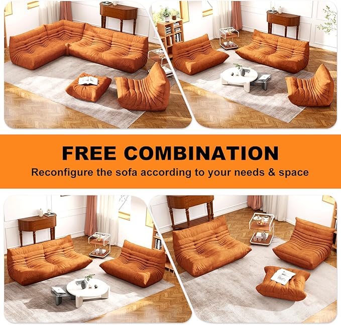 Full Foam Corner Chair – Comfortable Floor Couch for Adults, Waterproof Upholstery, Armless Fireside Lounge Chair for Living Room, Apartment, or Office (DarkOrange)