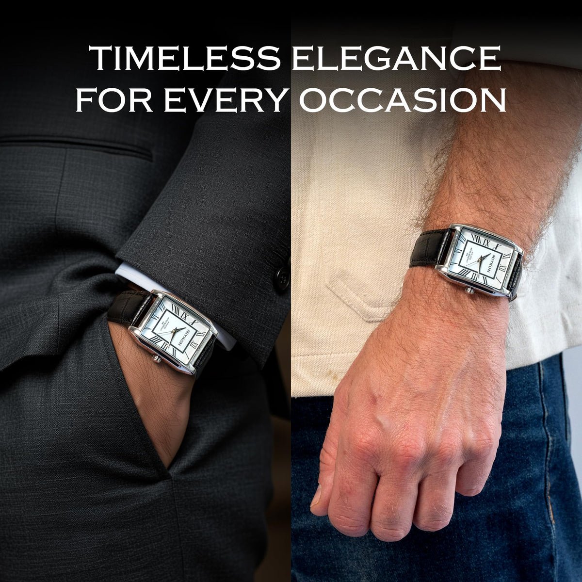 Miykon Vintage Watches for Men - Tank Square Silver Analog Watch with Black Genuine Leather Wrist Strap for Classic Dress - Ion Polished, Scratch Resistant Glass, Japanese Quartz, Waterproof to 100ft