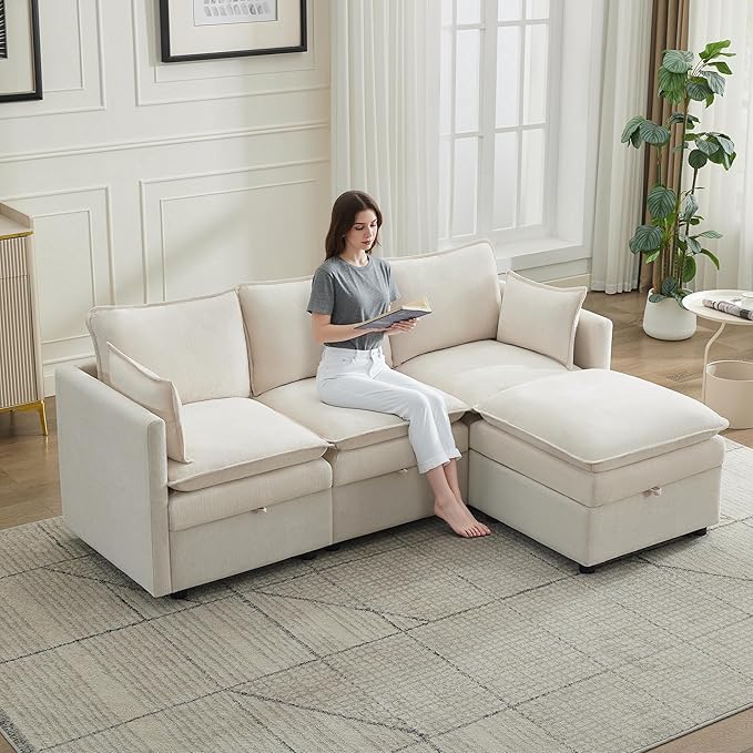 80" Cloud Modular 3 Seater Sofa with Storage Ottoman, Modern Upholstered Storage Sofa Couch Deep Seat, L Shape Sectional Sofa Chenille Comfy Couch with Armrests for Living Room, Small Space, Beige