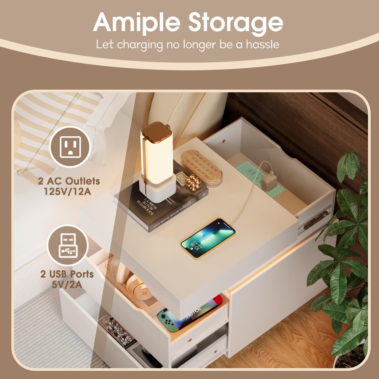 YESHOMY LED Nightstands Set of 2 with Charging Station and Sliding Top, Side Table with Large Capacity, Bedside Table with 2 Drawers, Modern Endtable for Bedroom, Pure White