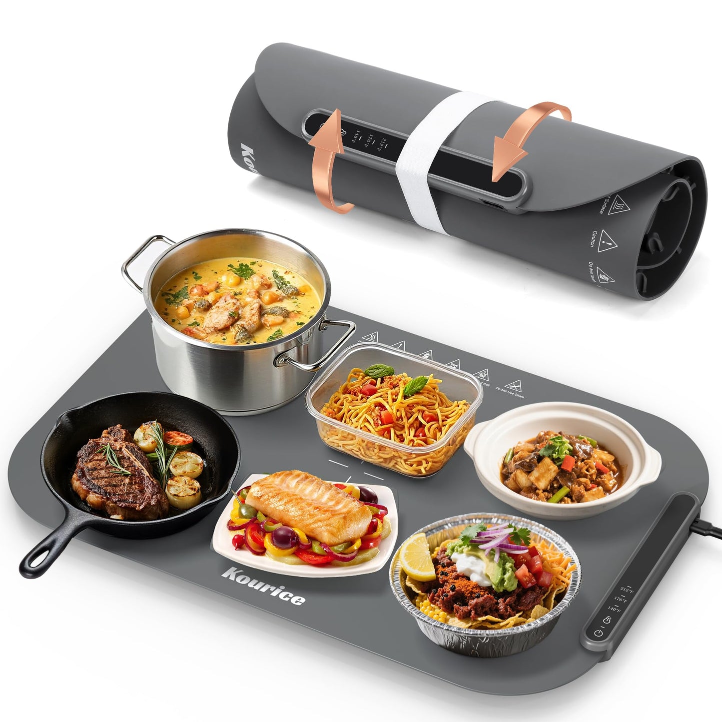 Kourice Food Warming Mat, Fast Heating Silicone Electric Warming Tray, 3 Temperature Settings, Auto Shut-Off Raised Feet Protects Table, Roll Up Food Warmer for Gatherings,Parties, Everyday Use