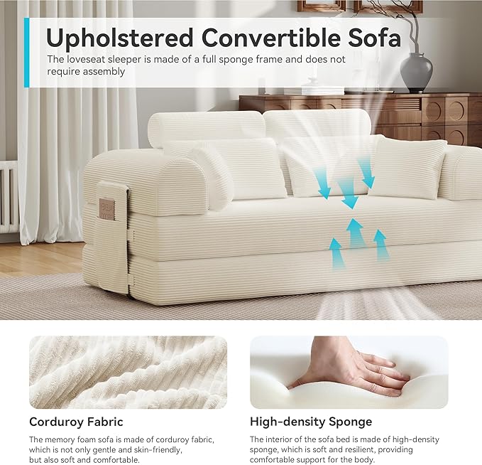 ZQRhome 2026 Upgrade Convertible Sofa Bed, 79 Inch Boneless Couch with Fixed-Shape Frame, Corduroy Fabric with High Backrest, Floor Sofa Modular Futon Couch for Living Room Bedroom Lounge (White) | High Backrest, No Assembly, Convertible Sofa, Space-Sa...