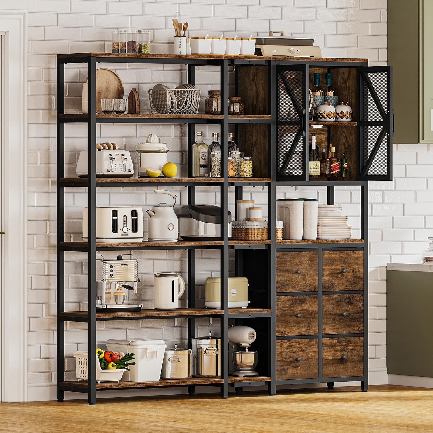 BTHFST Corner Bookshelf 6 Tier, 70.9" Convertible Tall Bookshelf with 6 Fabric Drawers, Corner Bookcase with Metal Doors, Large Display Shelf Book Shelf for Living Room,Home Office, Rustic Brown
