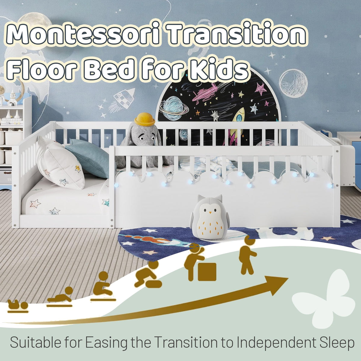 Twin Size Floor Bed with High Rails, Solid Wood Montessori Bed with Lights & Storage Shelf for Baby,Kids Bed Frame for Girls, Boys, Floor Bed Frame Without Slats,White