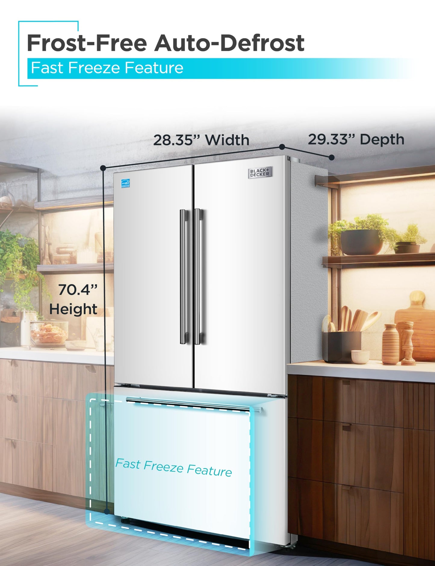 BLACK+DECKER 16 Cu. Ft. French Door Refrigerator with Built-in Ice Maker, Full Size Refrigerator with Bottom Mount Freezer Drawer, ENERGY STAR certified, White