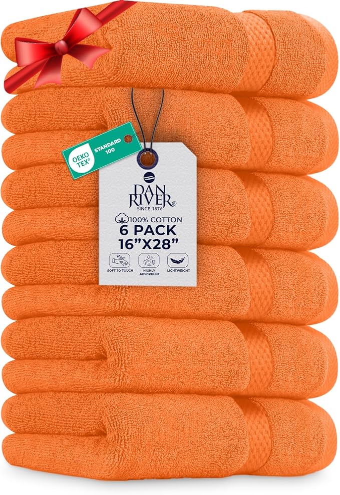 DAN RIVER 6-Pack Premium Hand Towels (16x28 Inches) - 100% Cotton, Ultra Soft, Lightweight, Highly Absorbent Towels for Bathroom, Spa, Gym, Salon, Hotel, and Travel - 550 GSM – Orange